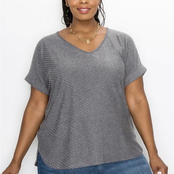 COIN 1804 Women's Plus Dot Print Rolled Sleeve V-Neck Tee Shirt Size 3X - Picture 1 of 7
